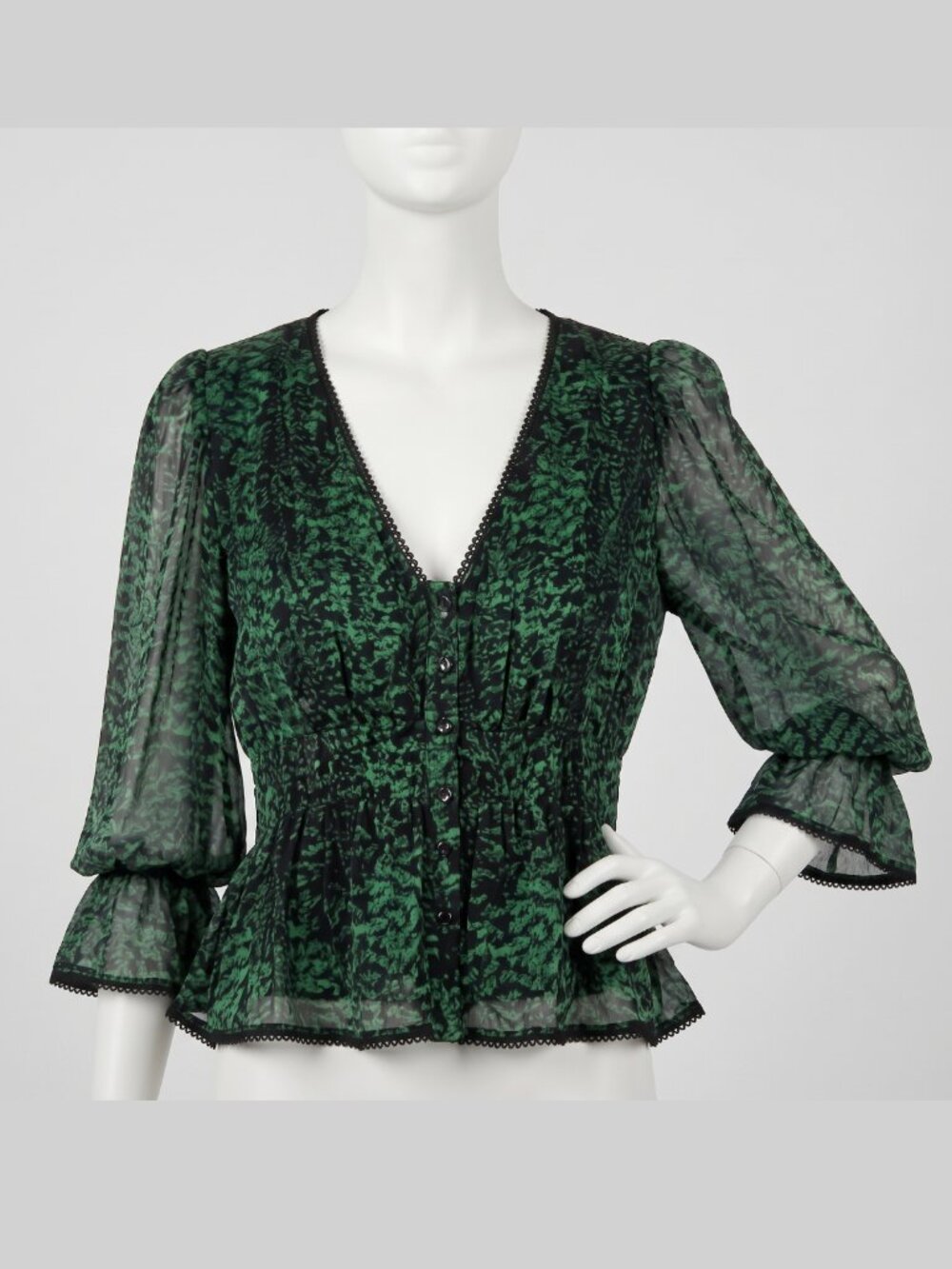 BA&SH TOP Paris Green & Black Sheer Smocked Peplum Blouse